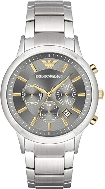 Orologio con cronografo e datario da uomo Emporio Armani ref. AR11047 in acciaio e inserti bagnati in oro giallo , quadrante grigio
