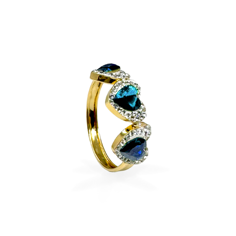 Anello in Oro con Tris di Cuori - Blu e Punti Luce - Oro18kt