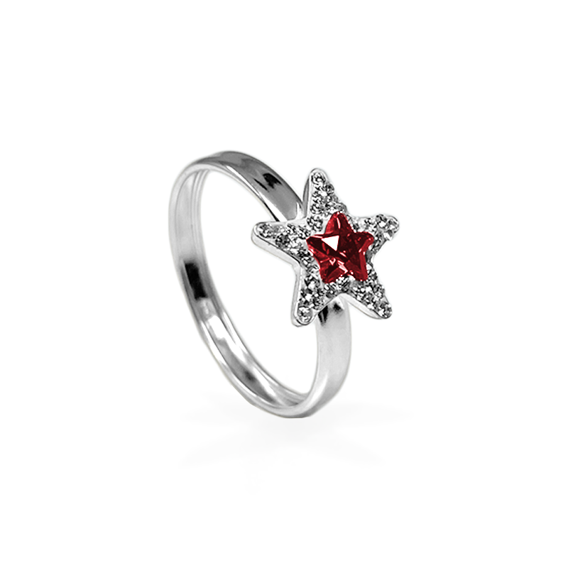 Anello con Stella in Oro Bianco e Zirconi - Rosso - Oro18kt