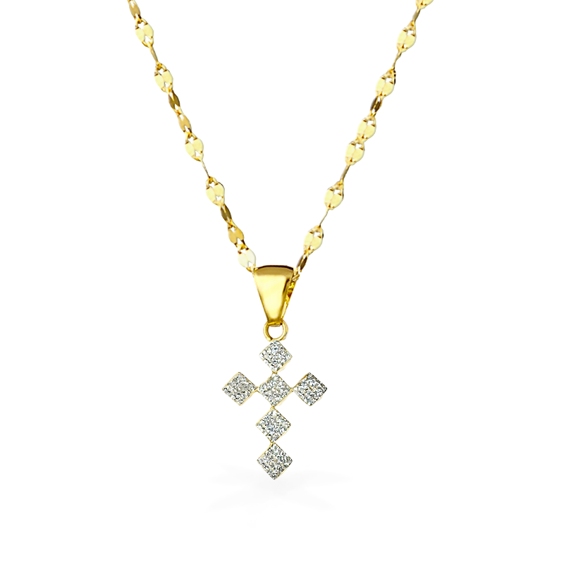 Collana in Oro con Croce Geometrica e zirconi - Oro18kt