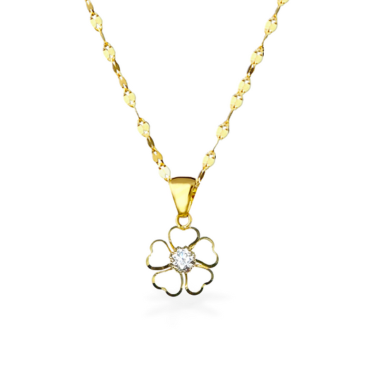 Collana in Oro con Quadrifoglio e zirconi - Oro18kt