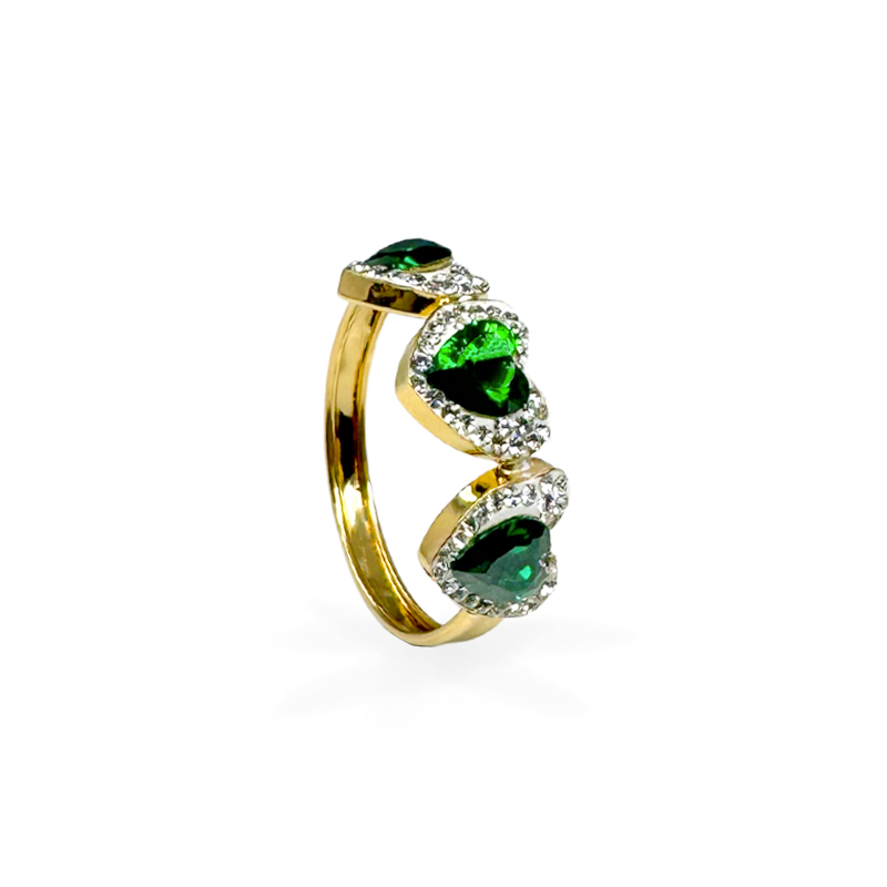 Anello in Oro con Tris di Cuori - Verde e Punti Luce - Oro18kt