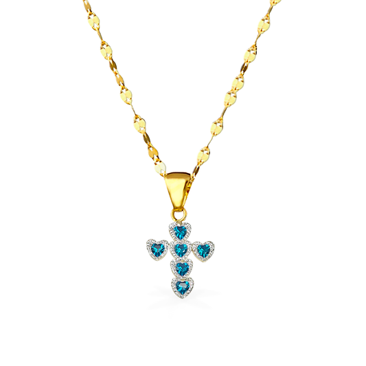 Collana in Oro - "CROCE CON CUORI" - AZZURRO Oro18kt