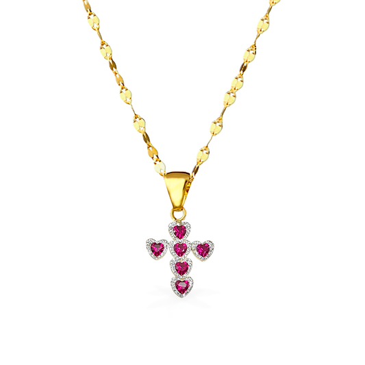 Collana in Oro - "CROCE CON CUORI" - ROSSO - Oro18kt