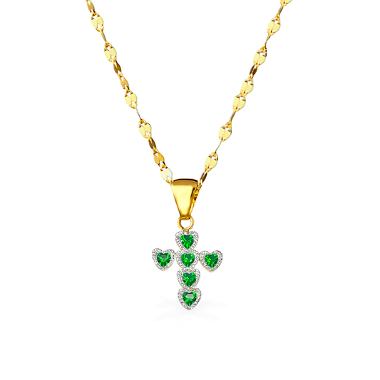 Collana in Oro - "CROCE CON CUORI" - VERDE - Oro18kt