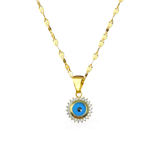 Collana in Oro con pendente Tondo e Occhio Azzurro  - Oro18kt