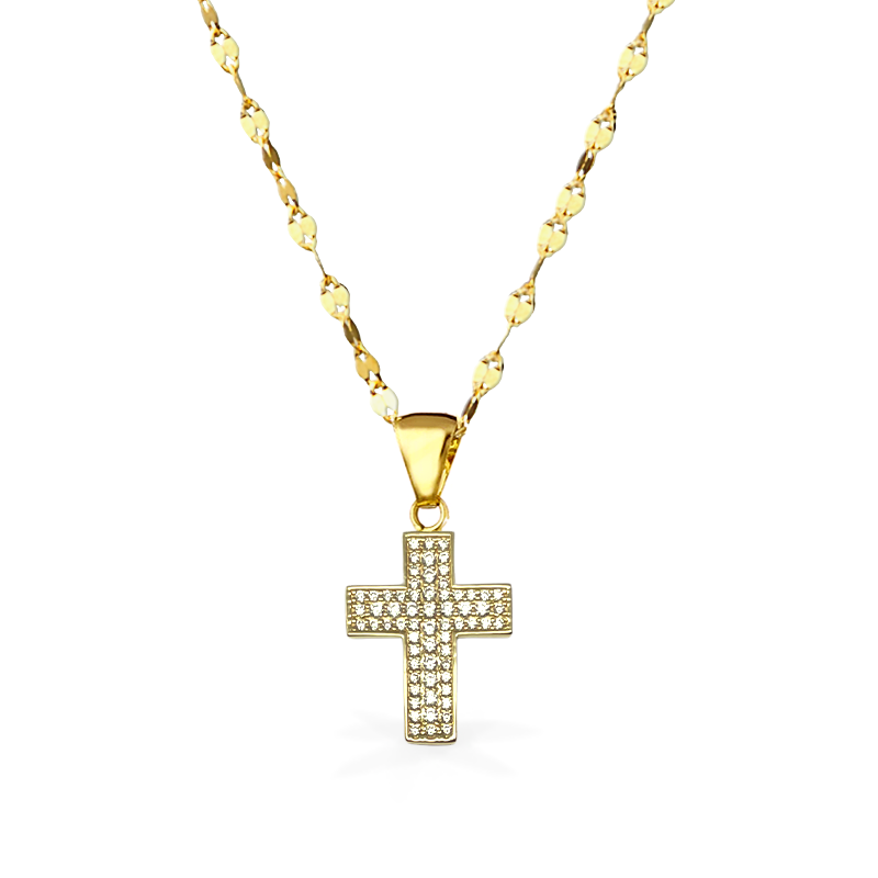 Collana in Oro Giallo con Croce e Zirconi - Oro18kt