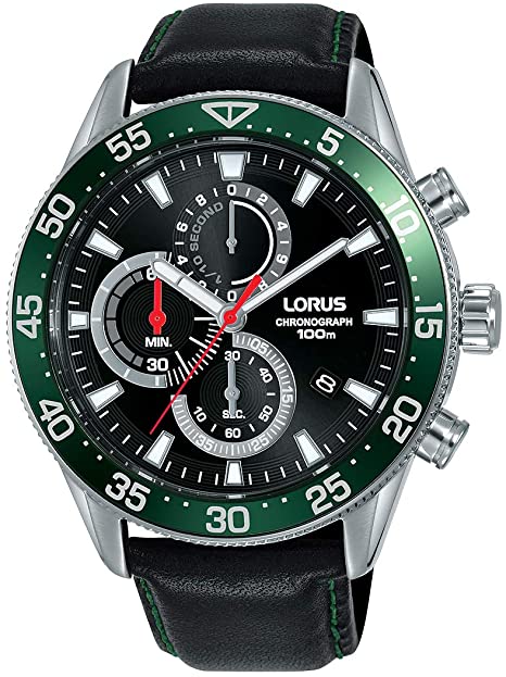 Orologio Lorus serie Sports da Uomo con cronografo, cinturino in pelle nero e impunture verdi ref. RM347FX9