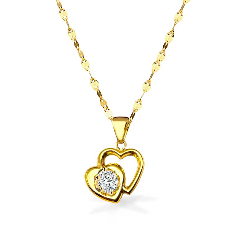 Collana in Oro con pendente Doppio Cuore in Oro con Zircone centrale - Oro18kt