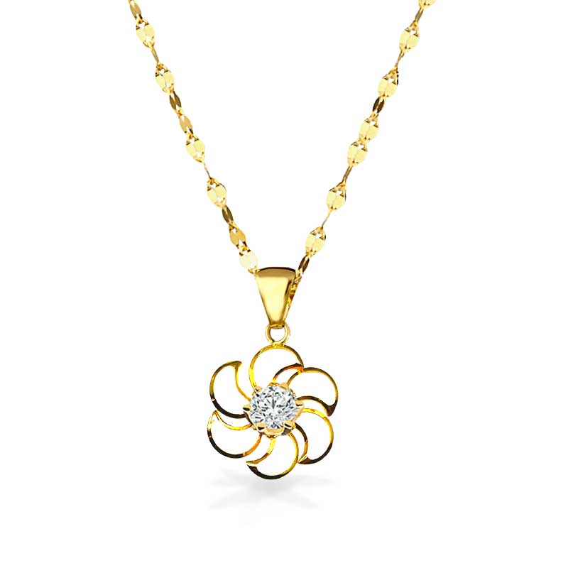 Collana in Oro con pendente Fiore a Raggi in Oro con Zircone centrale - Oro18kt