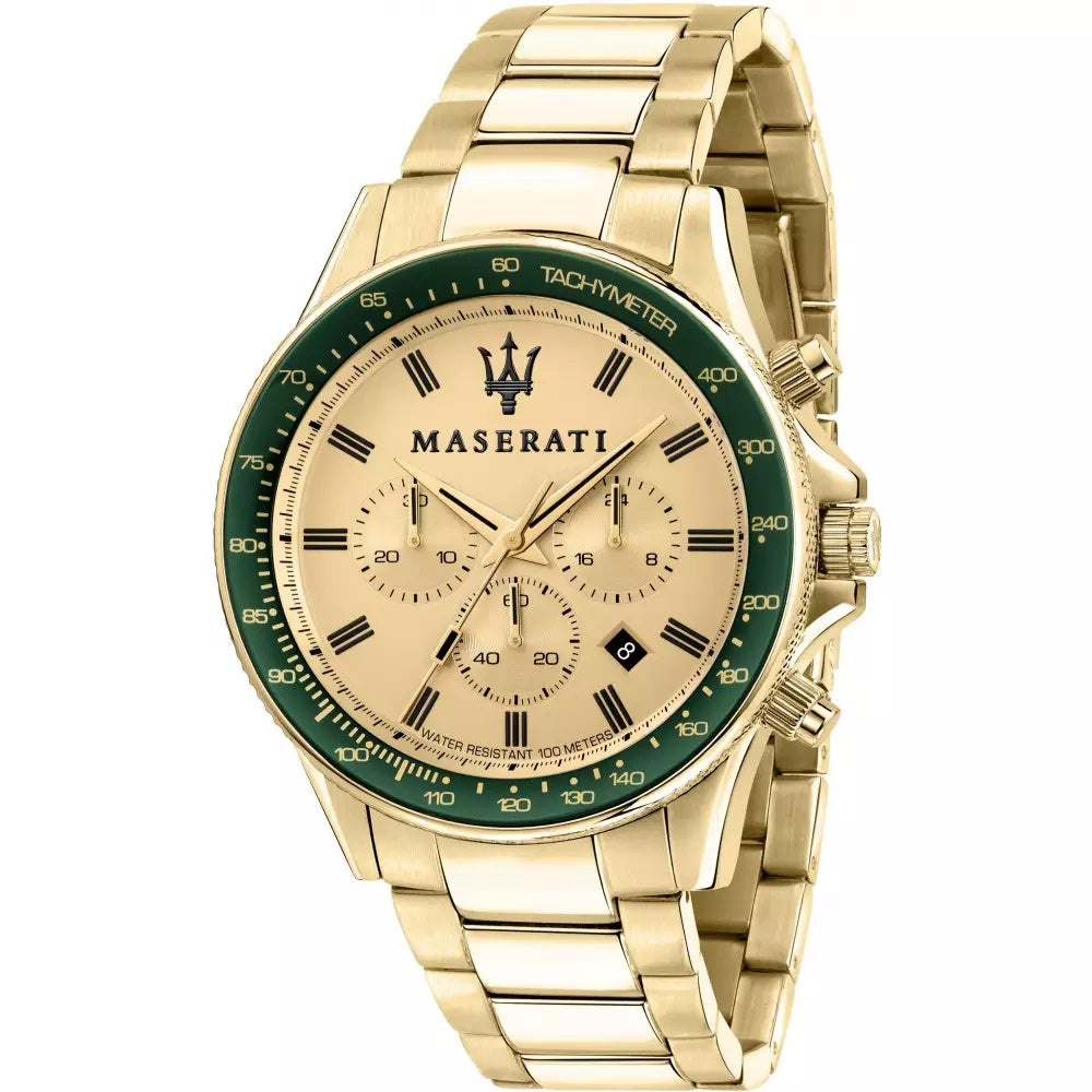 Orologio Maserati con cronografo e datario da uomo in oro giallo e corona verde ref. R8873640005