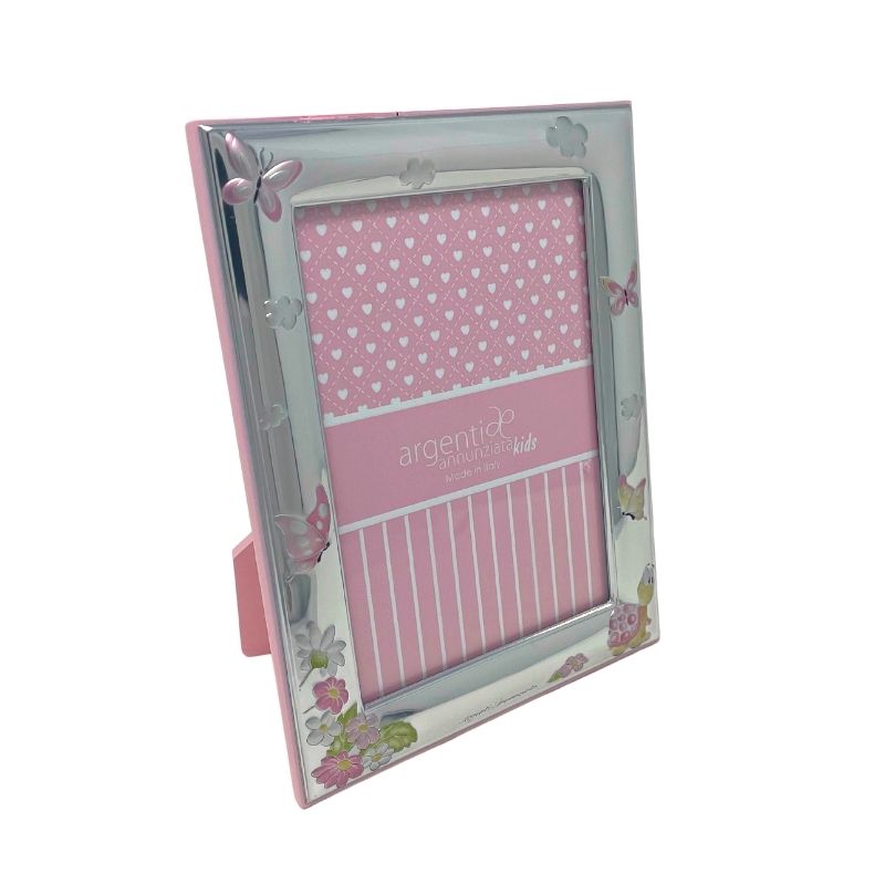 Cornice in Argento Kids Rosa con Fiori e Farfalle - Modello Small